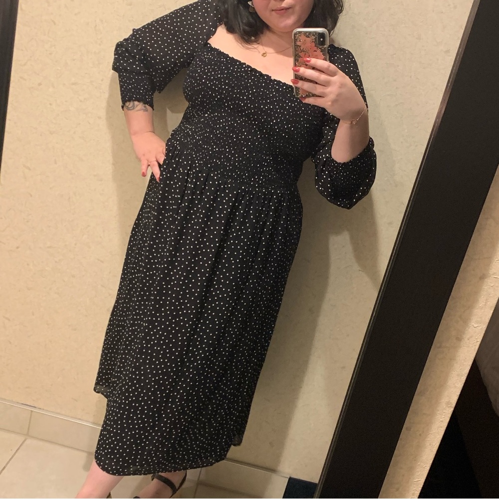 Reformation Polka Dot Cello Dress with Smocked bodice and side slit